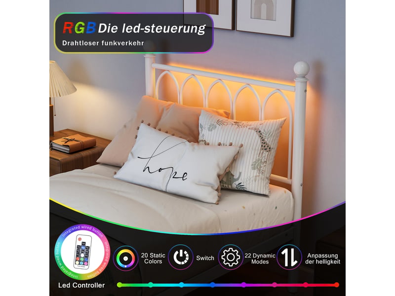  Cadre de lit, lit enfant 90x200 cm, rangement intégré, led, usb, sommier à lattes, métal blanc  - Conforama R