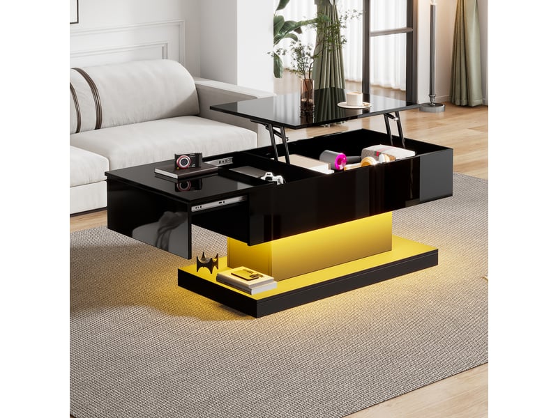  Table basse relevable noire 100x50x45 cm avec éclairage led, plateau coulissant et rangement intégré  - Conforama E