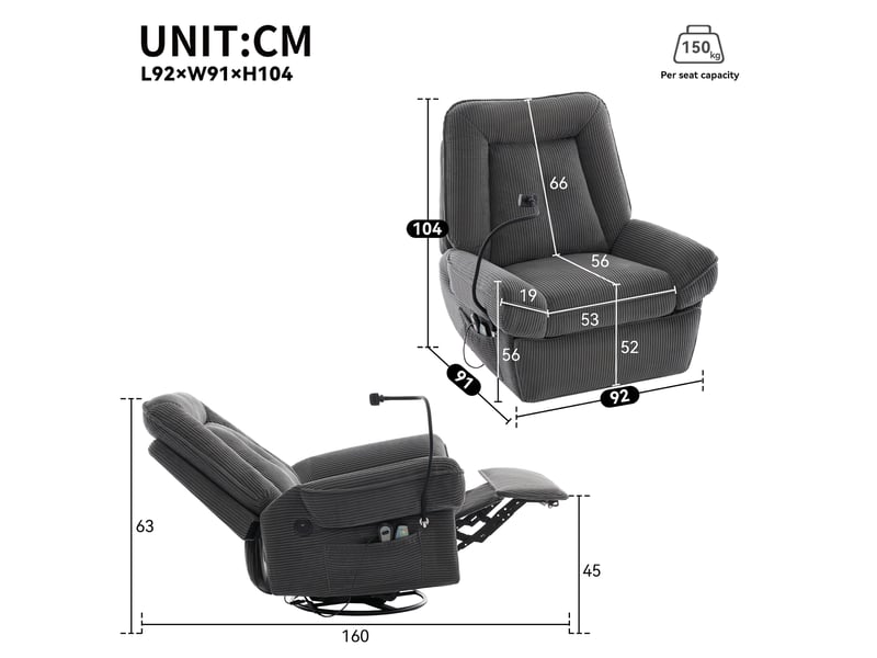  Fauteuil relax électrique massant, fauteuil pivotant 360° avec fonction chaleur et vibration, repose-pieds inclinable, port usb, tissu côtelé gris  - Conforama C