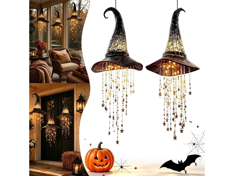 2 pièces décoration halloween suspendue, chapeau de sorcière lumineux led en maille noire avec guirlande d'étoiles pour porche, fenêtre et arbre - Conforama A
