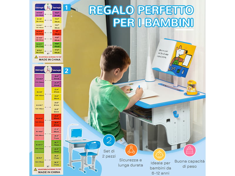  Bureau d'écolier avec chaise réglable en hauteur et lampe intégrée pour enfants de 6 à 12 ans, acier et mdf, gris  - Conforama E