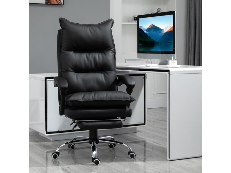  Chaise de bureau ergonomique avec accoudoirs, repose-pieds, pivotante et réglable en hauteur, revêtue de similicuir, noire.  - Conforama C
