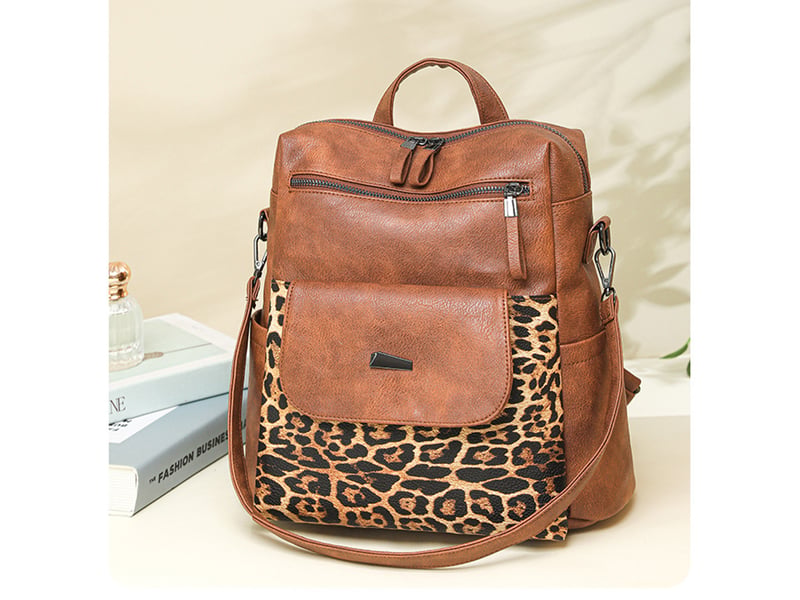 Sac à dos femme en cuir, petit format – imperméable, anti-vol, bandoulière pour ladies-marron + imprimé léopard  - Conforama C