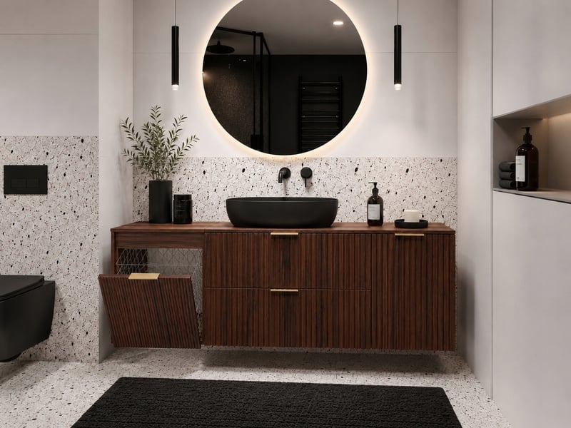 Meuble suspendu sous vasque flow noyer foncé 160 cm avec plan et panier à linge - Conforama B
