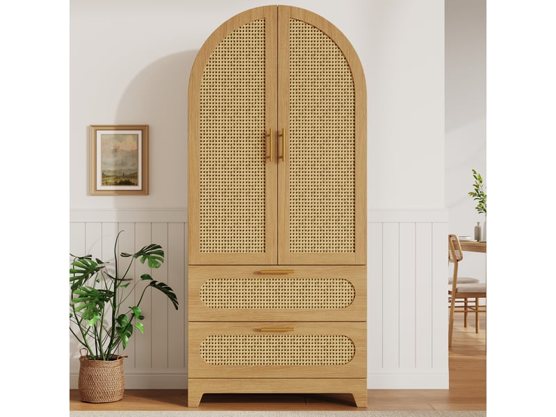 Buffet haut de cuisine 80 x 40 x 175 cm effet bois naturel et rotin pvc, 2 portes, 2 tiroirs, poignées dorées, style arche pour cuisine et salon - Conforama C