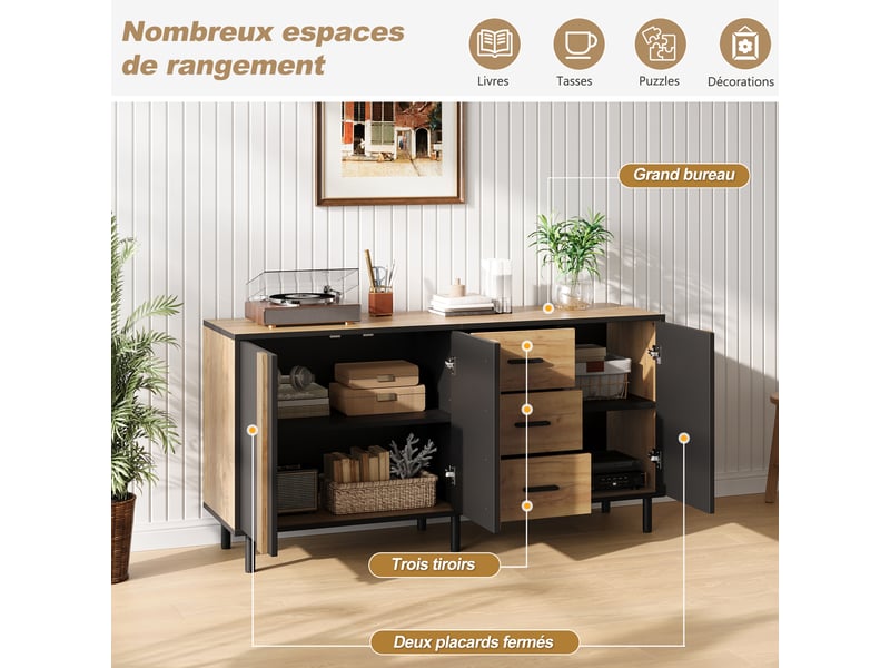 Buffet moderne 140 × 35 × 70 cm, 3 portes et 3 tiroirs, meuble en mdf noir et effet bois sur 6 pieds métalliques - Conforama E
