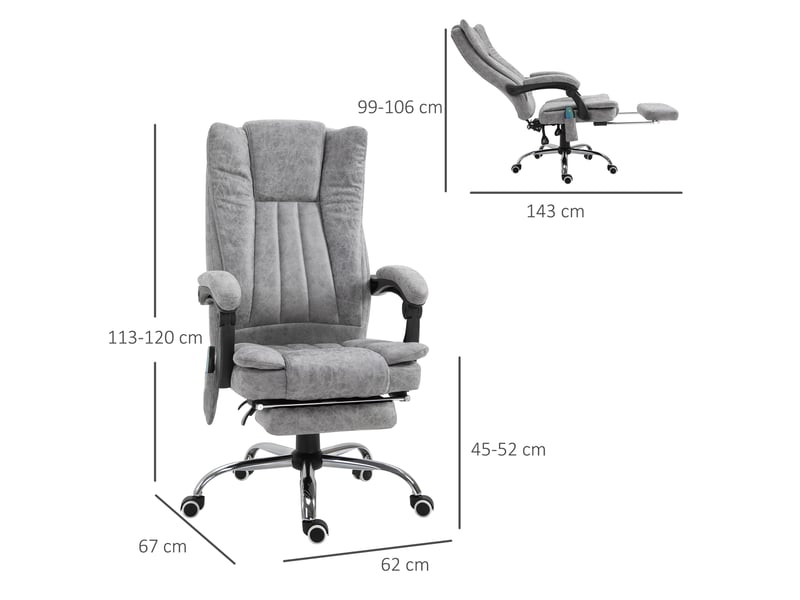  Fauteuil de bureau ergonomique avec fonction massage, chauffage, inclinaison réglable, pivotant et avec repose-pieds, poche latérale, gris.  - Conforama E