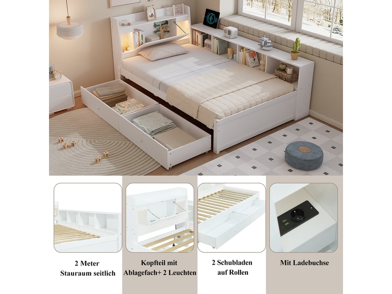  Lit simple à panneaux avec tête de lit, 2 lampes et prise usb, 90x200cm, blanc, bois massif et mdf avec rangement  - Conforama E