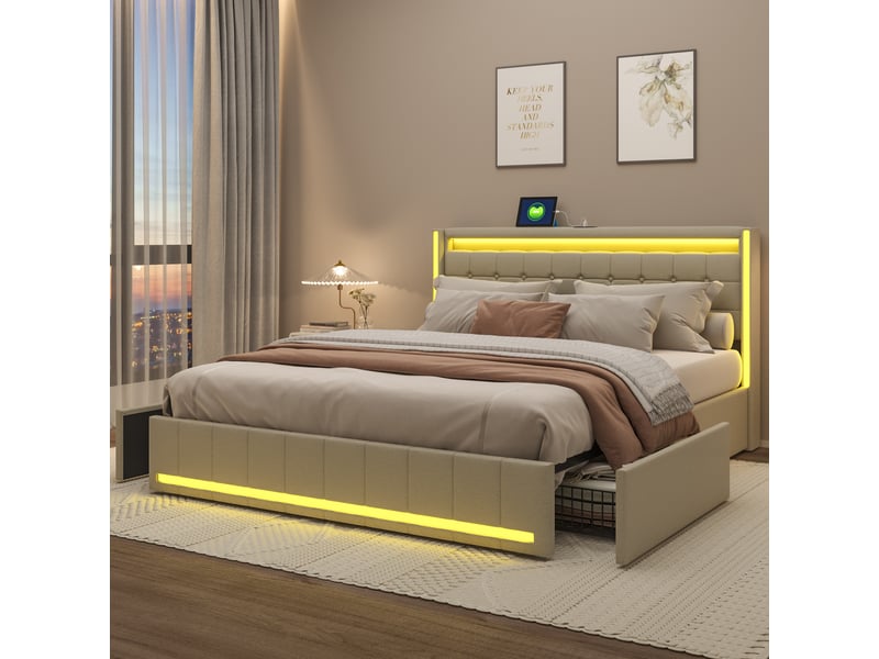  Lit double adulte 180x200, lit 180x200, 4 tiroirs, bandeau led et port usb, tissu en lin, beige  - Conforama B