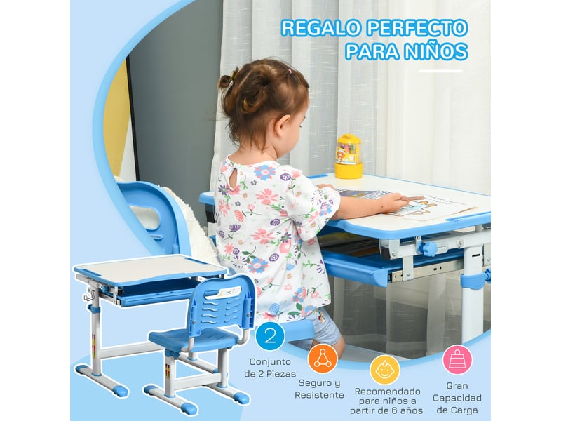  Ensemble bureau chaise 2en1 enfant dès 6 ans, table hauteurinclinaison réglable, plateau coulissant, 66x47x77 cm, bleu.  - Conforama E