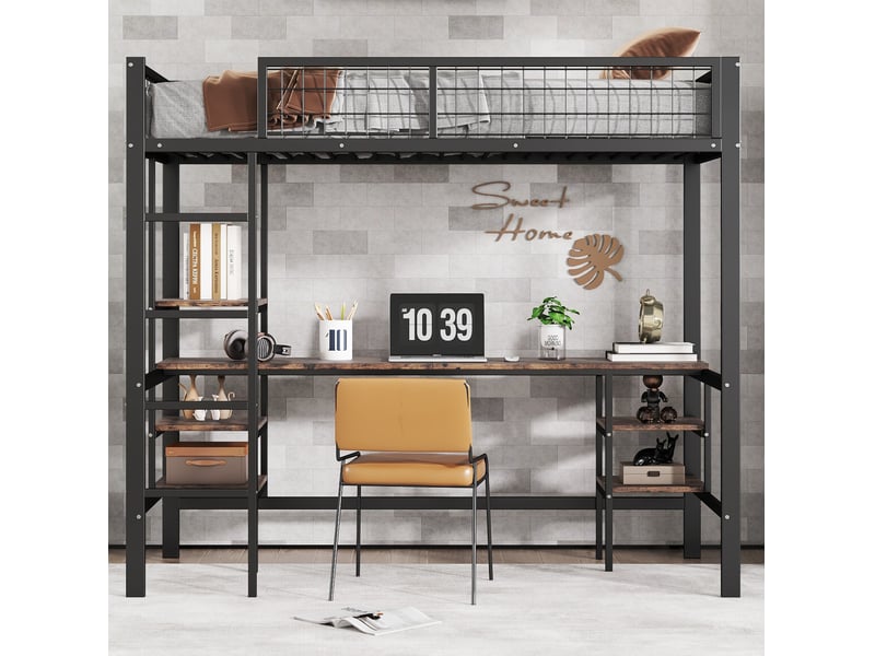  Lit mezzanine 90x200 cm avec bureau et rangement métal panneau de particules noir et bois foncé sans matelas  - Conforama E