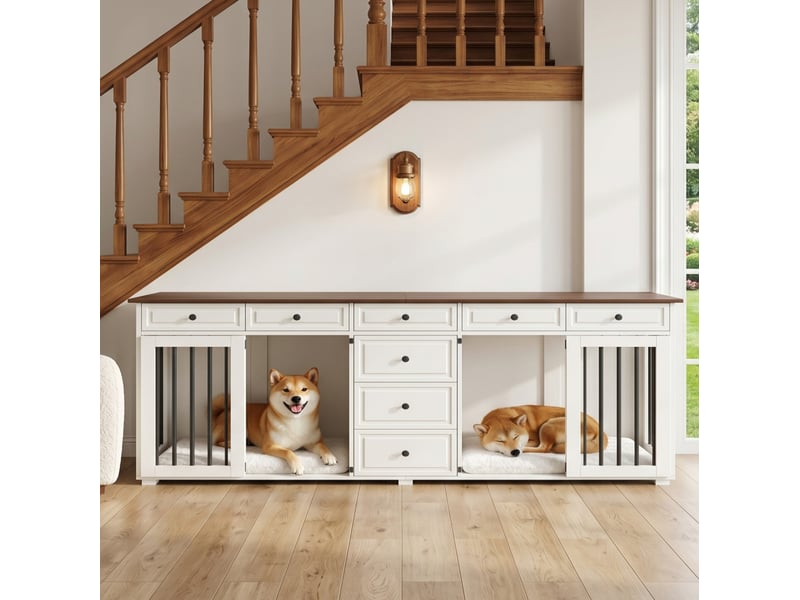  Meuble‑cage  200x60x85 cm – noyer et blanc – 8 tiroirs, 2 espaces séparés avec fermetures  - Conforama B