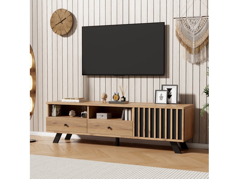 Meuble tv avec 2 tiroirs, 1 placard et 2 niches semi-ouvertes pour salon, bois naturel et noir, 150 × 38 × 44 cm - Conforama B