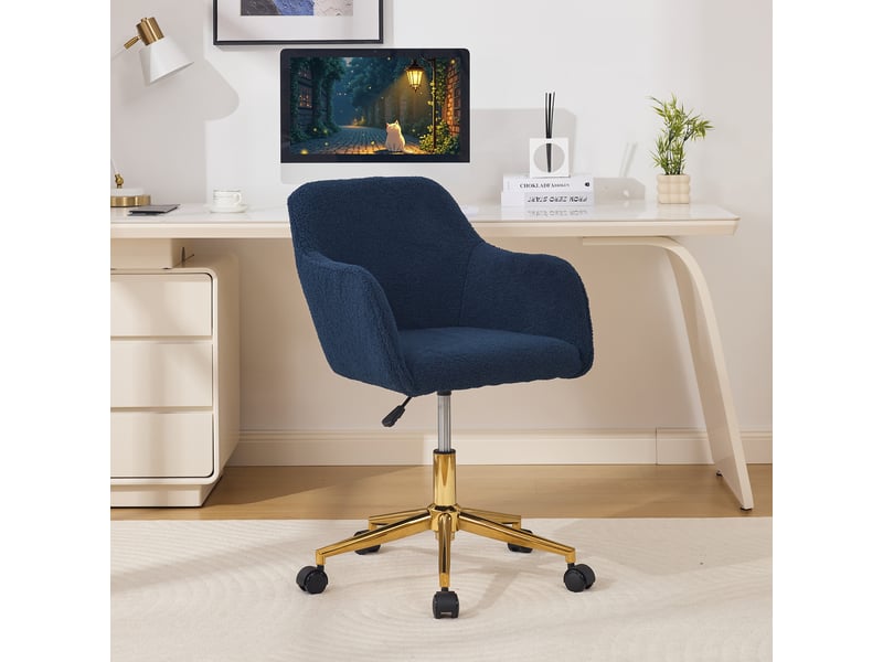  Chaise de bureau pivotante 360° réglable - lpospi - base dorée, tissu bouclette bleu foncé, 58 × 58 × 86 cm  - Conforama B