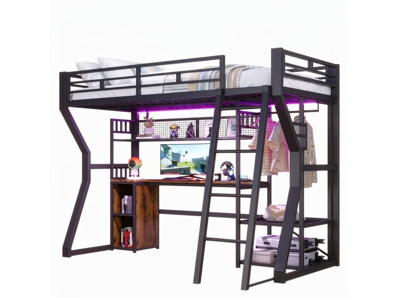  Lit mezzanine 90 x 200 cm avec bureau, rangements, led et prise, noir  - Conforama A