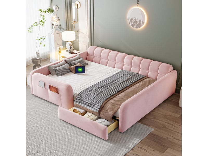  Lit enfant 140x200 cm, tête de lit style canapé, tiroir, veilleuse, ports usb et usb-c, barrières, velours rose, sans matelas  - Conforama B
