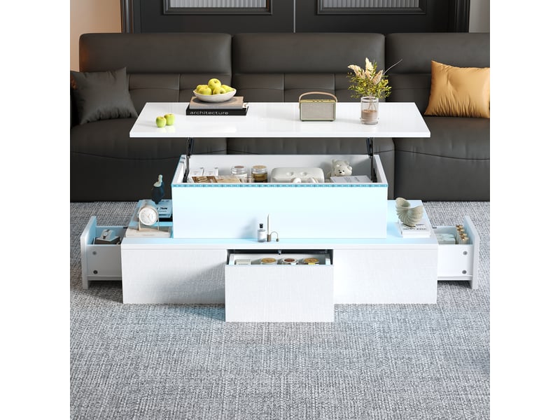  Table basse relevable 100x50x40 cm, table de salon blanche avec éclairage led, 4 tiroirs et espace caché  - Conforama R