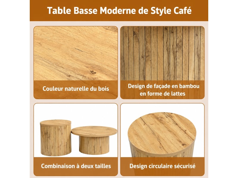  Ensemble de 2 tables basses rondes en mdf effet bois naturel, ø 75 et 50 cm  - Conforama E