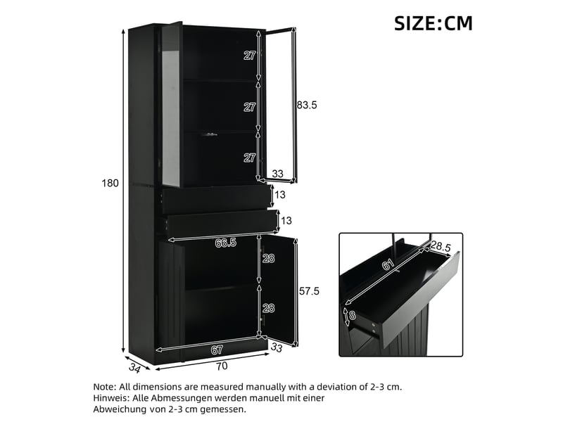  Vitrine haute avec led, portes vitrées et 2 tiroirs, noir, 70x34x180 cm  - Conforama C