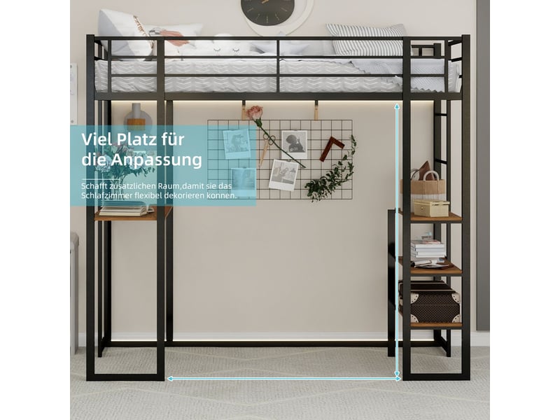 Lit mezzanine 90x190cm, bureau en l, 2 échelles, lit ado - avec échelle - lit simple - gardecorps sécurité - noir - Conforama E