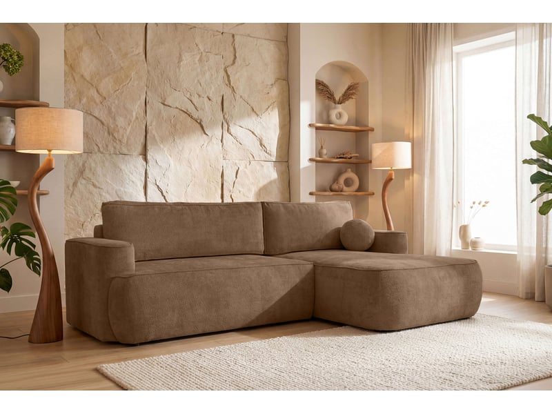 Canapé d'angle droit cassis avec coffre de rangement en tissu chenille - marron glacé CASSIS - Conforama B