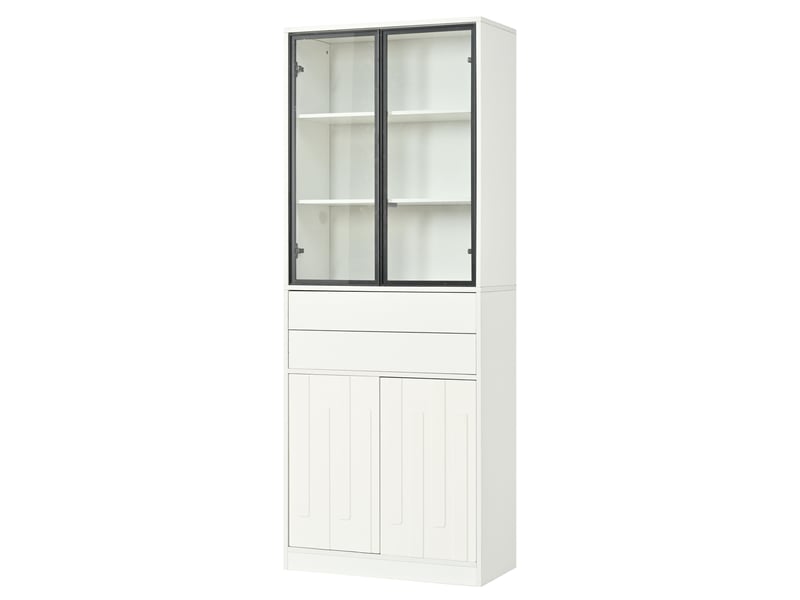  Vitrine haute led 70x34x180 cm – blanc mat – 2 tiroirs, portes en verre, éclairage bluetooth usb  - Conforama D