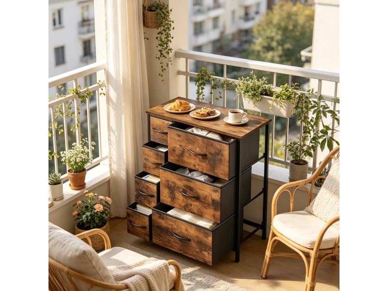  Meuble de rangement 63.5x30x73 cm, 7 tiroirs en tissu, bois d’ingénierie et métal brun rustique  - Conforama C