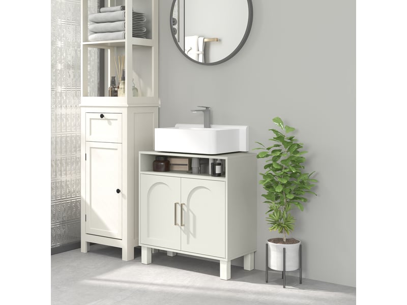  Meuble sous-évier avec étagère réglable pour éviers sans colonne, 60 x 30 x 63 cm, blanc crème  - Conforama D