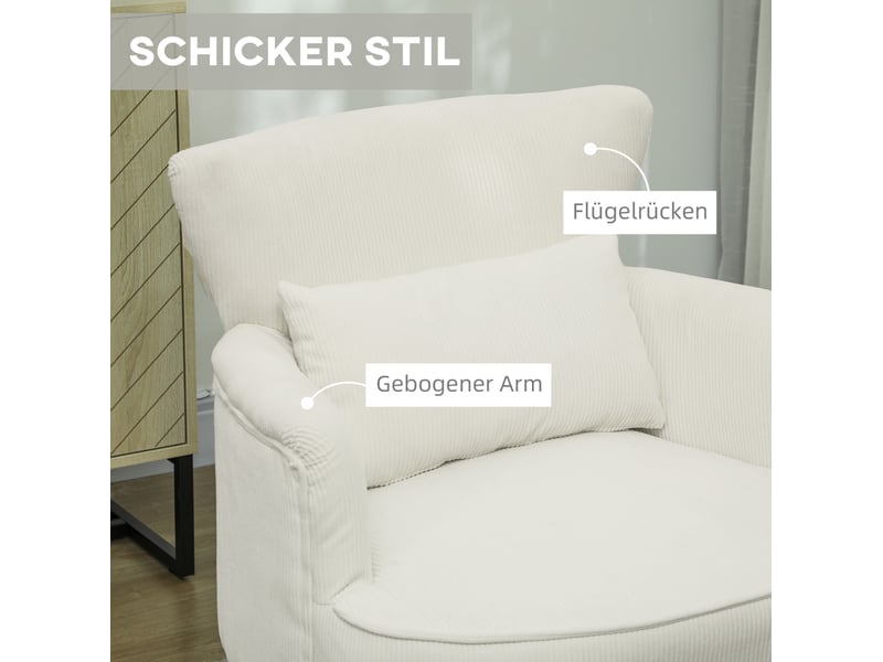 Fauteuil lounge rembourré avec coussin lombaire lavable et dossier haut, en polyester blanc crème, 69,5 × 69 × 78 cm - Conforama E
