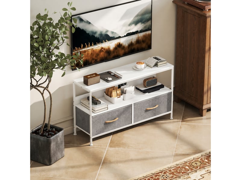  Meuble tv jusqu'à 47 pouces, 2 tiroirs pliables, niche ouverte, pieds réglables, gris clair, 98 x 29 x 56 cm  - Conforama D