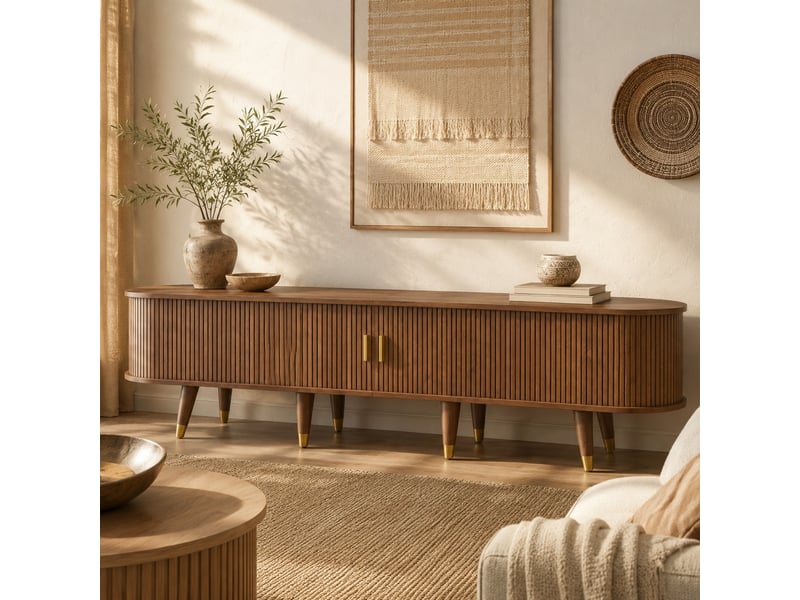  Meuble tv 175 cm avec porte coulissante en rotin, mdf aspect noyer  - Conforama D
