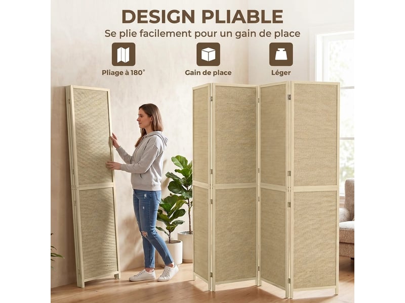  Paravent interieur en bambou 4 panneaux 180x180cm, séparateur de pièce pliable et portable, style bohème, bois naturel  - Conforama R