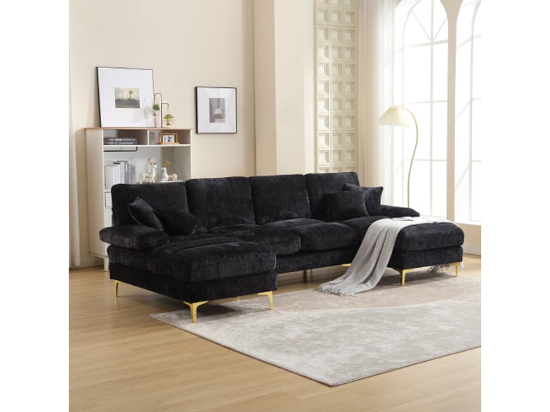  Canapé d'angle, canapé 4 places sectionnel en forme de u en chenille avec deux sièges inclinables, noir  - Conforama C
