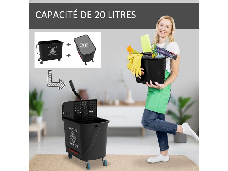  Chariot de nettoyage lavage seau de ménage 20 l 60l x 27l x 70,5h cm avec essoreur et séparateur eau sale propre noir  - Conforama A