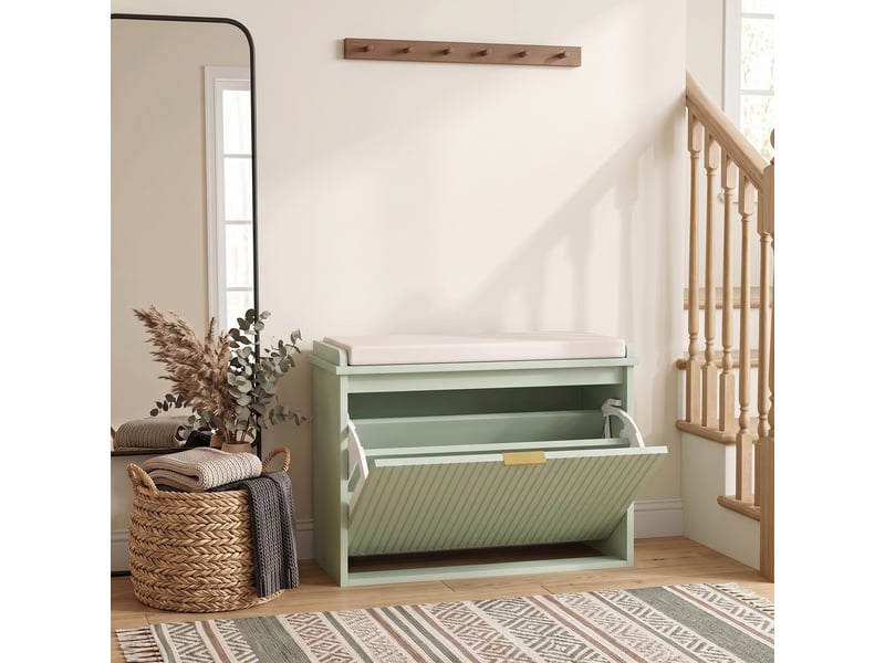 Banc à chaussures avec coussin d'assise rembourré et tiroir rabattable pour couloir, chambre, 62 x 26 x 47,5 cm, vert  - Conforama A
