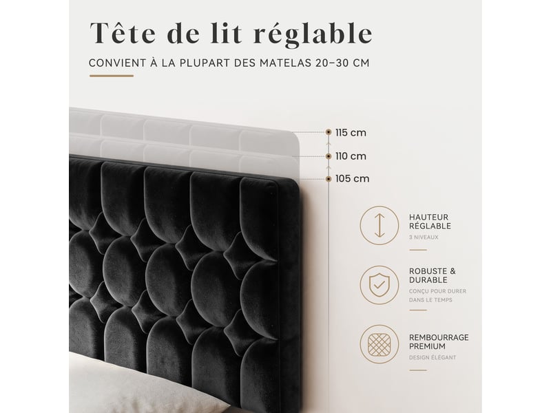  Lit 160x200 cm avec sommier à lattes, cadre de lit métallique rembourré avec tête de lit réglable, 32 cm d'espace de rangement sous le lit, lit double, noir  - Conforama B