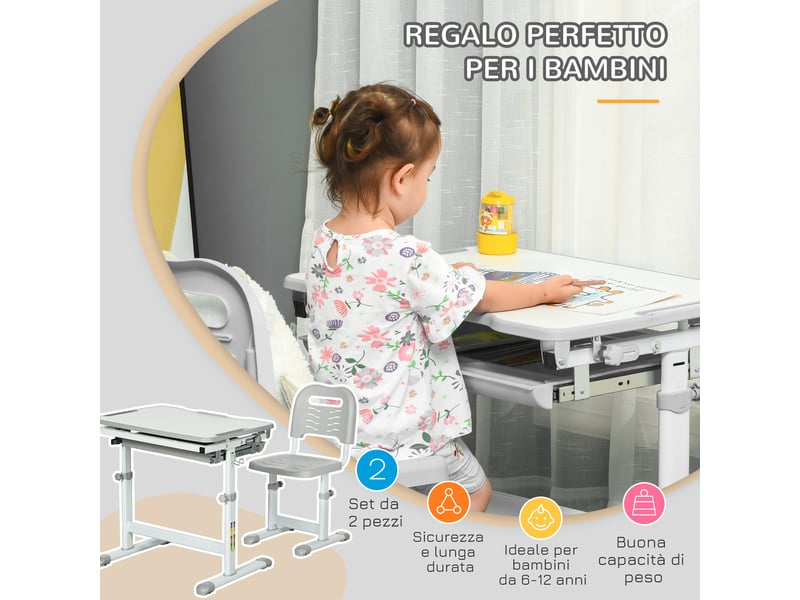  Bureau enfant 6-12 ans avec chaise et hauteur réglable, plateau inclinable, 66 x 47 x 52-77 cm, gris  - Conforama E