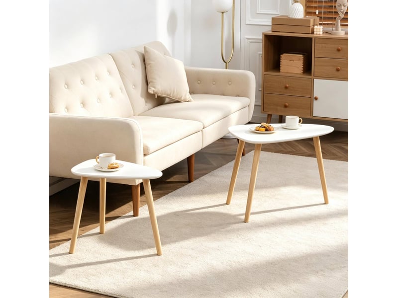 Lot de 2 tables basses gigognes scandinaves avec plateaux triangulaires arrondis, blanc et bois  - Conforama E