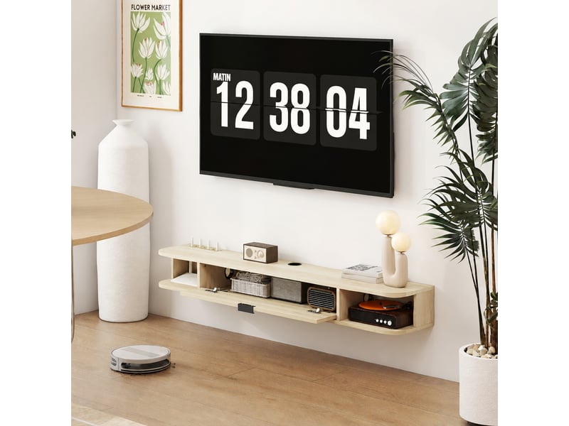  Meuble tv suspendu jusqu'à 60 pouces, abattant, 2 niches, passe-câbles, effet bois naturel, 140 x 24 x 16 cm  - Conforama D