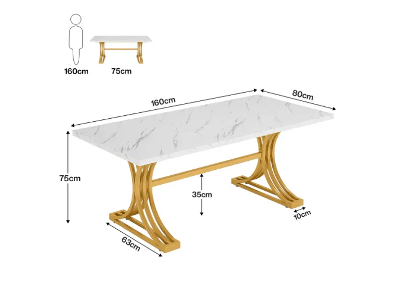  Table à manger,160x80x75 cm,4 à 6 personnes,marbre artificiel et métal,blanc et doré  - Conforama C