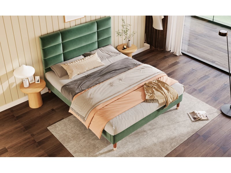  Lit adulte double 140x200 cm en velours vert foncé avec sommier à lattes et matelas  - Conforama W