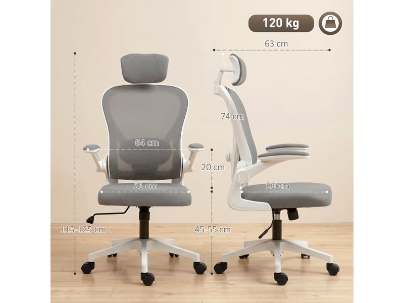 Chaise de bureau ergonomique avec soutien lombaire réglable - lpospi - accoudoirs relevables, polyester gris  - Conforama D