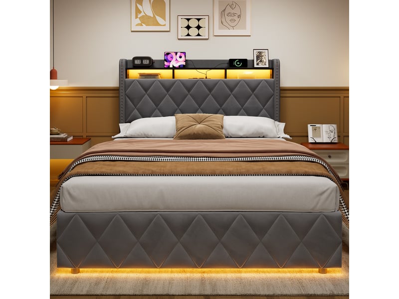 Lit 140 × 200 cm en velours, lit 2 places pour avec coffre de rangement hydraulique, led, couleur gris, sans matelas - Conforama E