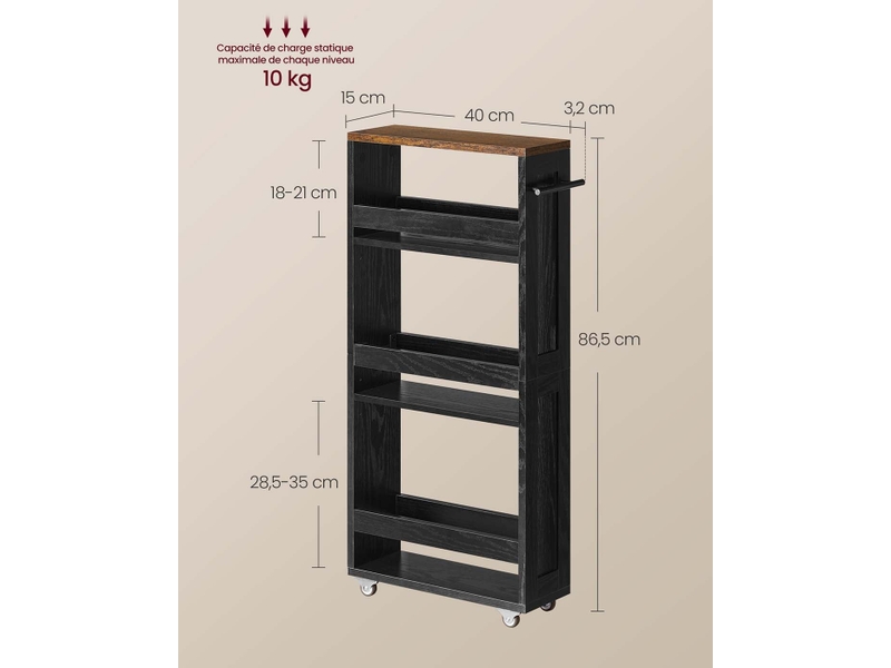  Chariot de rangement fin à 4 niveaux pour cuisine et salle de bain 15 x 43 x 86 cm en panneau d'aggloméré noir 12_0012712  - Conforama B
