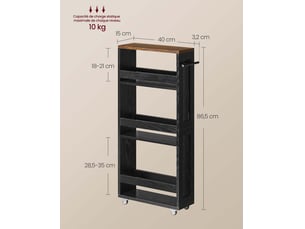 Chariot de rangement fin à 4 niveaux pour cuisine et salle de bain 15 x 43 x 86 cm en panneau d'aggloméré noir 12_0012712