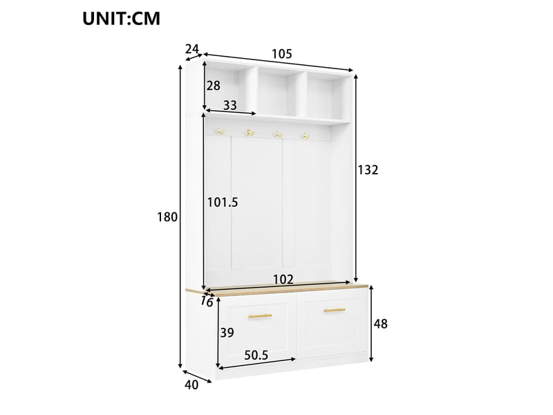 Meuble d'entrée compact 105x40x180 cm-banquette-4 crochets-étagères ouvertes-2 portes-range-chaussures-blanc et effet bois naturel - Conforama D