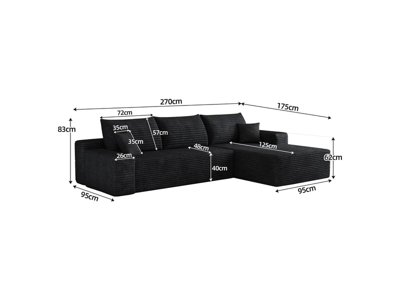  Canapé d’angle modulable 270 cm en velours côtelé, méridienne en l, assise profonde, sans montage, noir IKSETERA TRADING LTD - Conforama C