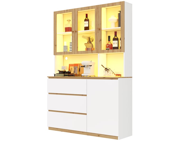  Vitrine de rangement, avec éclairage led, 120 x 200 cm, coloris blanc et chêne, solution de rangement fonctionnelle, pour intérieur  - Conforama W