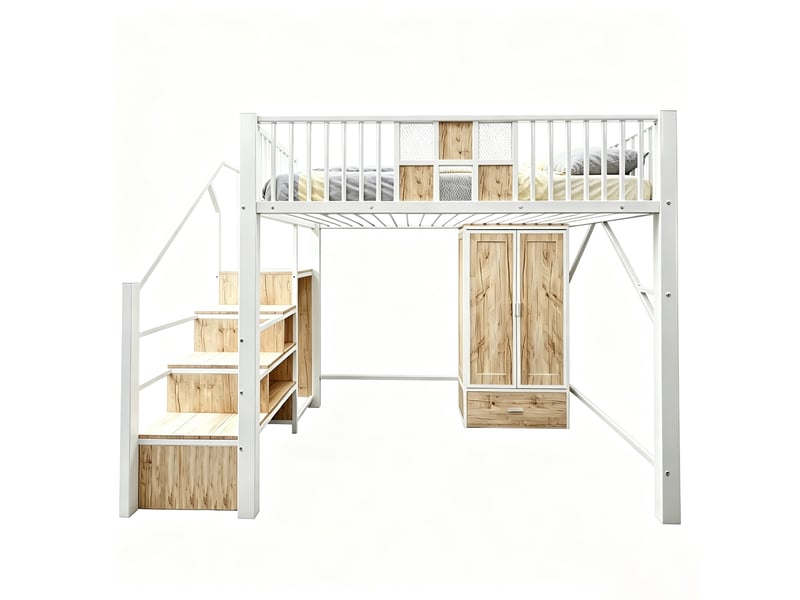  Lit mezzanine en métal 140 × 200 cm avec un design de barrière original en bois et treillis métallique, comprenant une grande armoire, des tiroirs et une échelle de rangement, blanc  - Conforama A