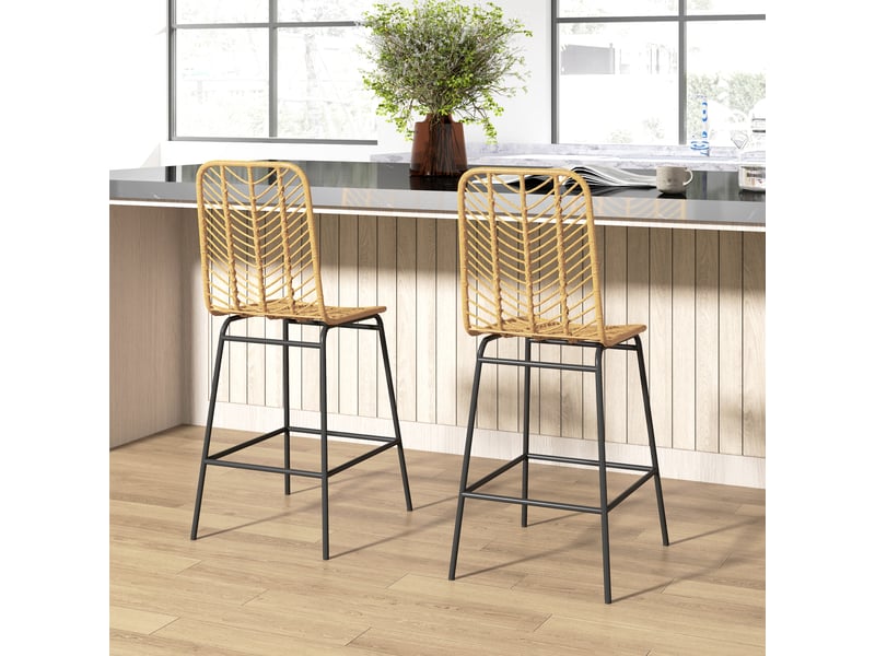  Lot de 2 tabourets de bar avec dossier et repose-pieds - lpospi - pieds acier, rotin pe jaune et noir, 42,5 × 52 × 102 cm  - Conforama B